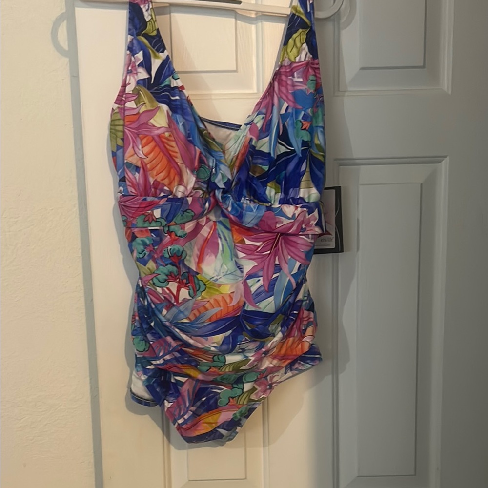 Maxine of Hollywood Blue and Pink One Piece Swimsuit with V-Neckline